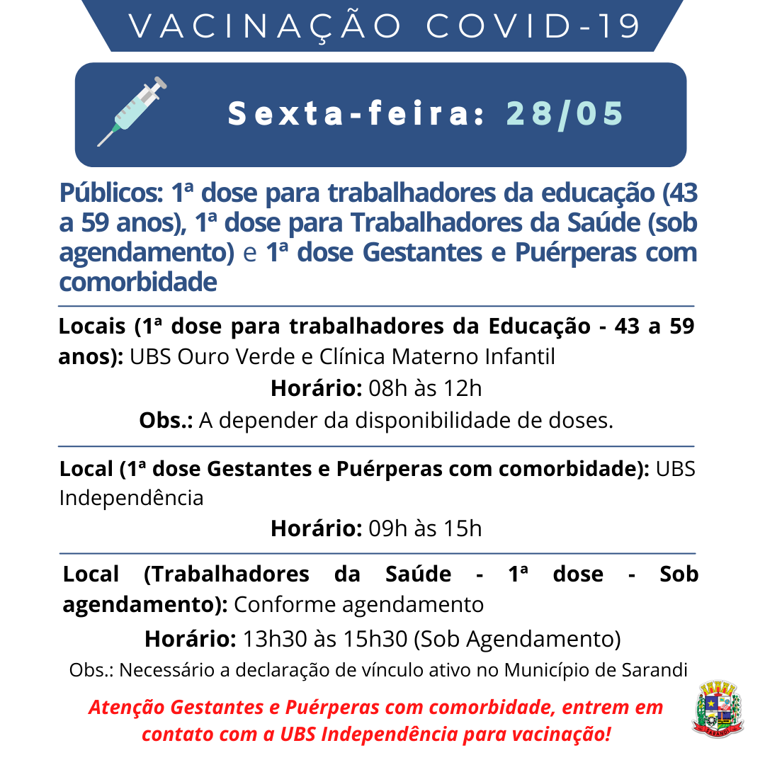 Cronograma de Vacinação contra Covid-19 - Sexta-feira - 28/05/2021